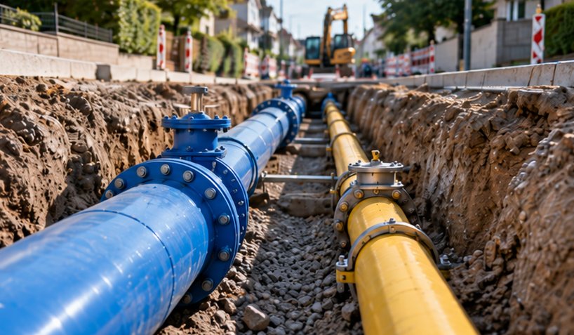 Zanja con tuberías de agua y de gas, válvulas y una excavadora al fondo