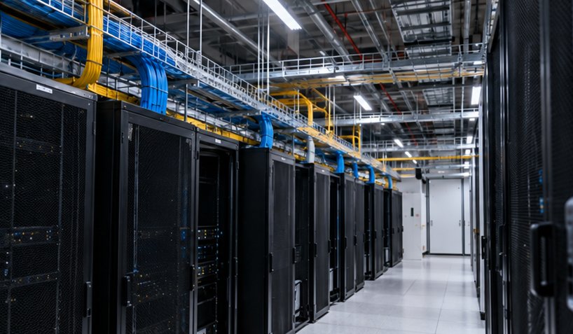 Pasillo de un centro de datos con armarios de servidores y bandejas de cableado
