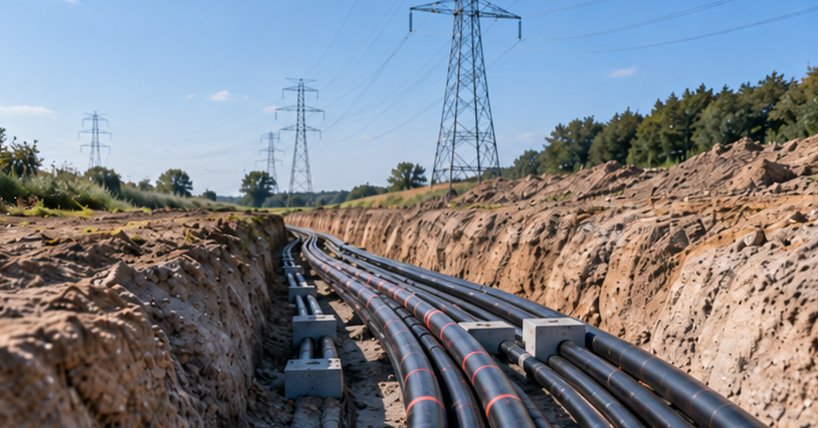 Zanja con cables eléctricos de media tensión y torres de alta tensión al fondo