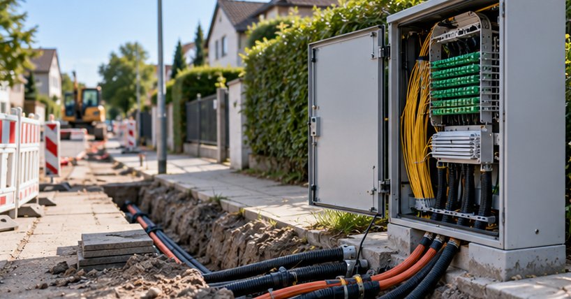 Armario de fibra óptica abierto junto a una zanja con conductos de colores